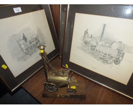 A SET OF STEAM INTEREST PRINTS TOGETHER WITH A BRASS STEAM ENGINE MODEL 
