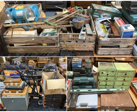 LARGE QTY OF TOOLS, (BANDSAW NOT INCLUDED!), ELECTRIC DRILLS, JIGSAWS, GRINDER, BATTERY CHARGER, COMPRESSOR, SASH CLAMPS, PAI