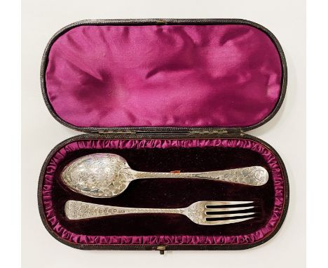 GEORGIAN H/M SILVER CHRISTENING FORK &amp; SPOON SET - CASED 2 OZS APPROX