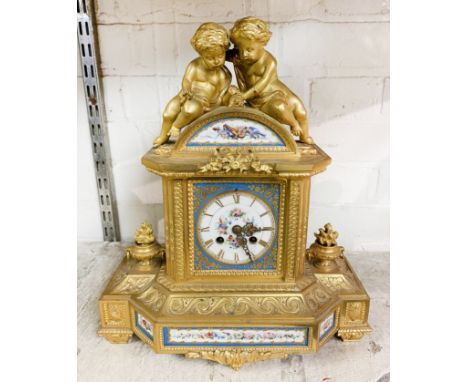 FRENCH HAND PAINTED MANTLE CLOCK WITH GILT CHERUBS A/F