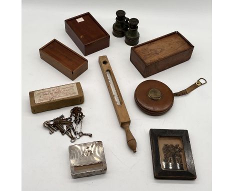 An assortment of items including vintage wooden games boxes, opera glasses, keys, Gidu sewing tool etc