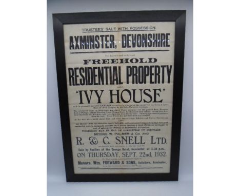 A framed R&amp;C Snell Ltd (Axminster) poster for the sale of Ivy House, Lyme Road, Axminster, dated Thursday 22nd September 