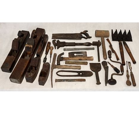 A collection of antique and vintage tools including a pair of Astor shears, planes, chisels etc