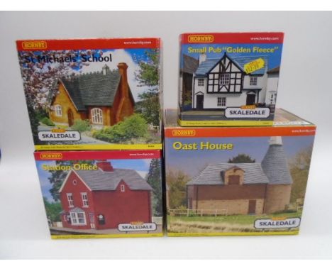 A collection of four boxed Hornby Skaledale OO gauge scale model buildings including St Michaels School (R8503), Oast House (