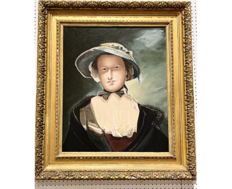 An unsigned portrait of a lady wearing a bonnet in large gilt frame - overall size of frame 86cm x 76cm