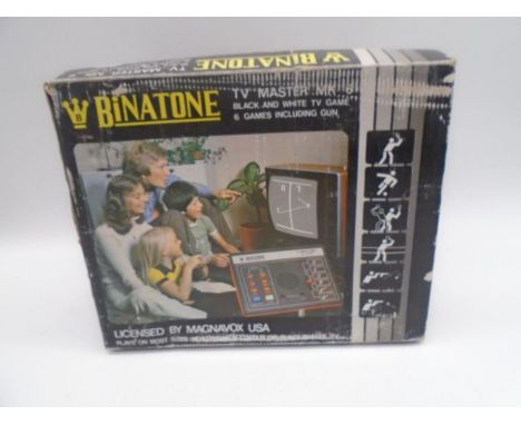 A vintage boxed Binatone TV Master MK 6 black and white TV game with gun and manual