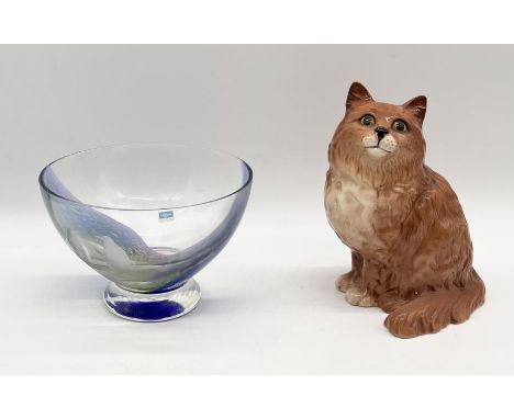 A Beswick Persian cat with ginger coat and a Caithness bowl in green and blue with etched penguins to either side 