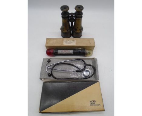 A pair of J B Thomas, Southampton binoculars along with a boxed stethoscope and a vintage Air Force, U.S Army lamp assembly