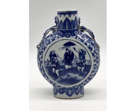 A 19th century Chinese blue and white moon flask with dragon formed handles (repair to one as shown) - overall height 21cm 