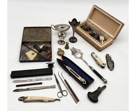 A collection of items including vintage razors, sovereign case, silver plated pieces, boxed drawing tools, penknife etc