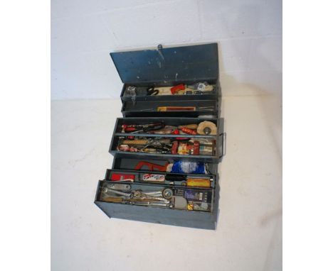 A vintage 'Talco' metal tool trunk, containing various tools including spanners, clamps, screwdrivers etc.