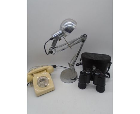 A modern chromed anglepoise style lamp, vintage telephone and a pair of Pathescope 16x50 binoculars
