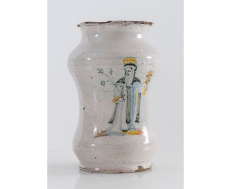 Albarello in ceramica di Deruta con figura di monaca. Fine del XVI secolo. Cm 18,5x11.5. (presenta sbeccature alla bocca e al