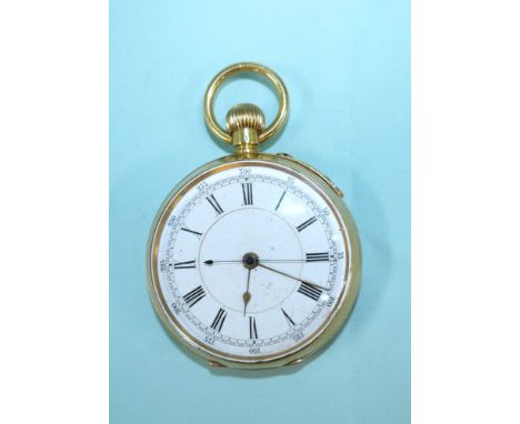 An 18 carat hallmarked gold open faced keyless gent's pocket watch with white enamel dial, Roman numerals and central seconds