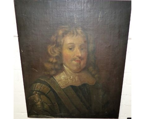 An 18th / 19th century English School half portrait of a 17th gentleman dressed in black and gilt doublet, oil on canvas on t