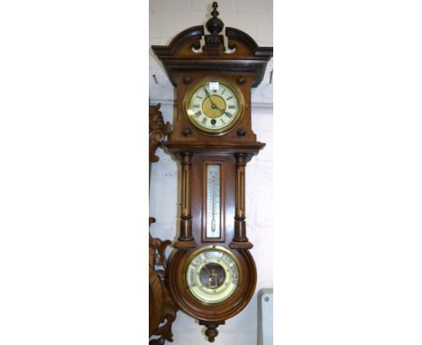 An Edwardian wall clock/barometer/thermometer with swan neck pediment