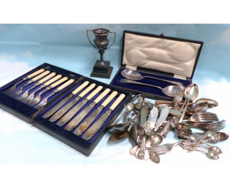 A silver trophy cup, 3 oz. approx; 2 silver spoons and a quantity of EPNS cutlery