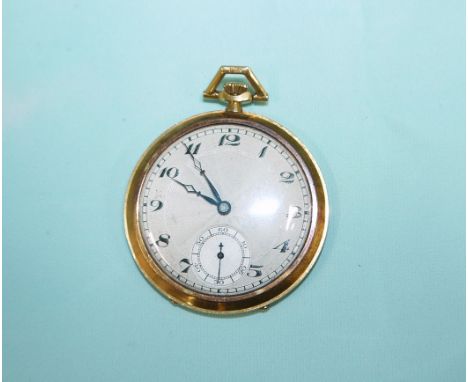 A gent's 1930's 18 carat hallmarked gold keyless open faced dress pocket watch with squared pattern engine turned back, white