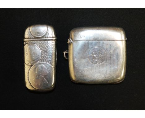 A silver engine turned Vesta case, monogrammed, Chester 1912; a planished Vesta case inset 19th century silver coins