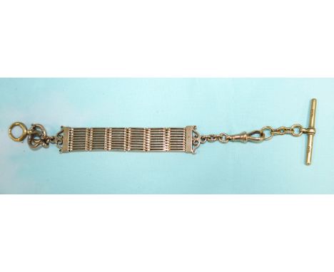 A rose gold gate watch chain with clip bar and 3 rings stamped '15c', 29.5gm