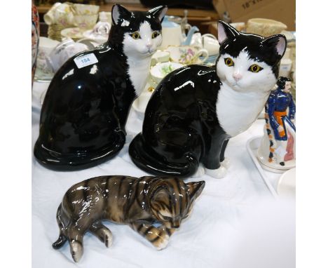 Two "Cats &amp; Co" black and white cats with glass eyes; a smaller china cat; a vintage "Judge" ware enamel double boiler; a