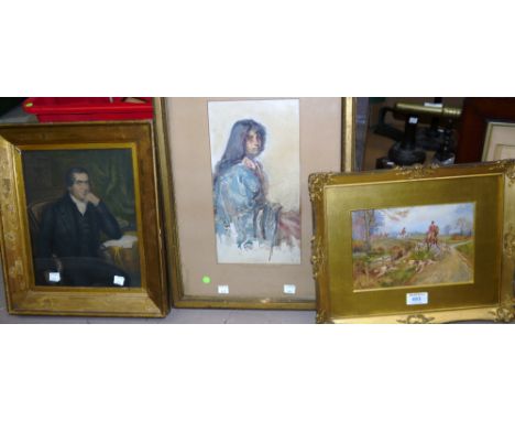 F Lang:  watercolour, hunting scene, signed, 6" x 8½"; a watercolour portrait signed Stewart; a 19th century portrait print, 