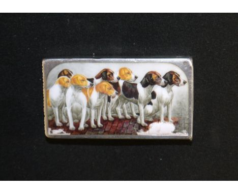 A plain silver Vesta case with enamelled panel of fox hounds, London 1897 (enamel a.f.)