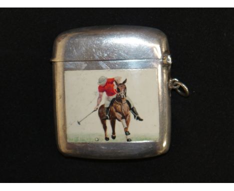 A plain silver Vesta case with coloured enamel panel polo player, Birmingham 1914