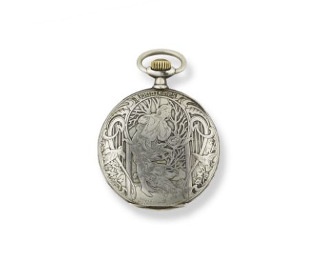 Zenith. A niello open face keyless wind pocket watch with fine engravings by Alphonse MuchaZenith. Montre de gousset en niell