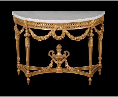 A MODERN GILTWOOD CONSOLE TABLE WITH MARBLE TOPOf semi-elliptical outline98cm high, 121cm wide, 58cm deepCondition Report: Ma