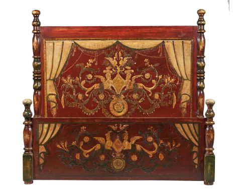 A PAINTED AND GILT WOOD AND COMPOSITION HEAD AND FOOT BOARDLATE 19TH OR EARLY 20TH CENTURYThe headboard 135cm high, 143cm wid