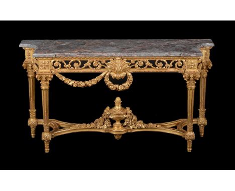 A GILTWOOD CONSOLE TABLE IN EARLY 19TH CENTURY STYLELATE 20TH CENTURY85.5cm high, 158cm wide, 47cm deep