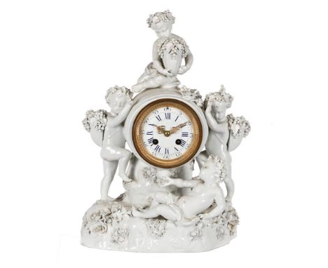 A FRENCH NAPOLEAN III CONTINENTAL PORCELAIN-CASED FIGURAL MANTEL CLOCKUNSIGNED, THIRD QUARTER OF THE 19th CENTURYThe circular