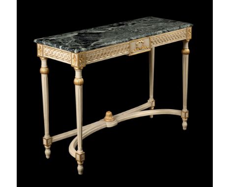 A MODERN PAINTED AND PARCEL GILT CONSOLE TABLE WITH MARBLE TOP87cm high, 121cm wide, 41.5cm deep