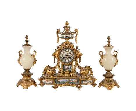 A FRENCH SEVRES STYLE PORCELAIN INSET ORMOLU MANTEL CLOCKBARRARD AND VIGNON, PARIS, CIRCA 1880The circular two train eight-da