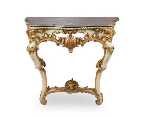 A CREAM PAINTED AND PARCEL GILT CONSOLE TABLE IN LOUIS XVI STYLE19TH CENTURYThe shaped grey veined marble top above a pierced