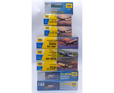 Zvedza a boxed 1:144 scale aircraft model kit group. Condition appear generally Good Plus to Excellent (with some boxes still