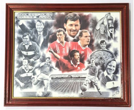 Middlesbrough FC, a framed Middlesbrough Hand Drawn Print. Wooden and Glass Frame measuring approximately 58cm wide X 48cm hi
