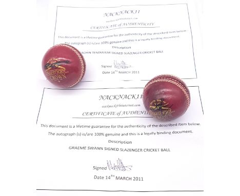 Cricket Memorabilia, a pair of Player Signed Cricket Balls individually signed by "Graham Swann" & "Sachin Tendulkar" and bot