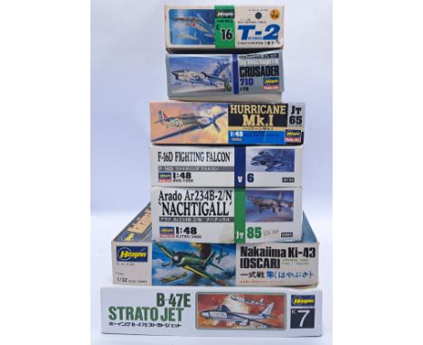 Hasagawa a boxed mixed scale military aircraft model kit group. Conditions appear Good Plus to Excellent (with most parts sti