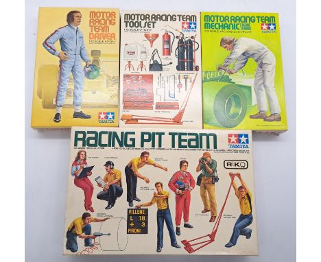 Tamiya 1:12/1:20 scale figure model kits to include; Racing Pit Team, Motor Racing Team Tool Set and similar. Conditions appe