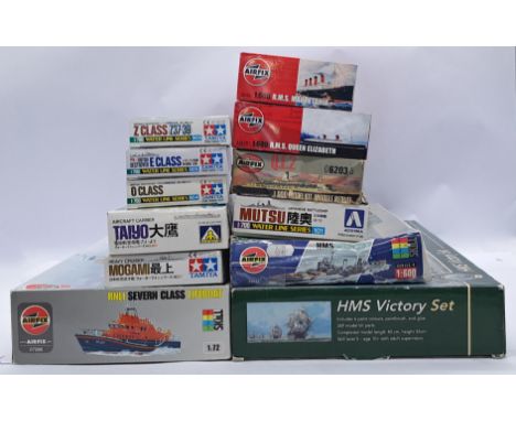 Tamiya, Airfix and similar a boxes mixed scale ship model kit group. Conditions generally appear Good Plus to Excellent (with