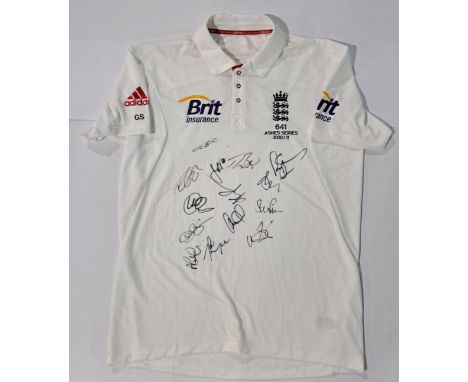 Cricket Memorabilia, a Squad Signed White Shirt (641 Ashes Series 2010/11) "Brit Insurance" Sponsor. Signatures include "Stev