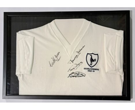 Tottenham Hotspur "Spurs", a framed Signed Replica Double Winners 1960-61 White Shirt Signed by 4 Double Winning Legends Bobb