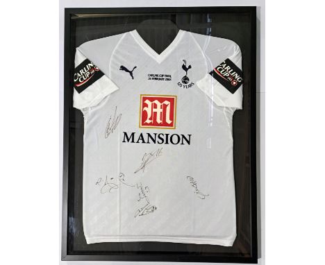 Tottenham Hotspur "Spurs", a framed Player Signed Replica Carling Cup Final 2008 White Shirt "Mansion" Sponsor (125 Years). S