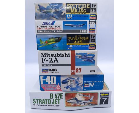 Hasagawa a boxed mixed scale aircraft model kit group. Conditions appear Good Plus to Excellent (with most parts still bagged