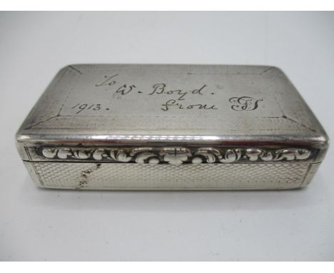 A Victorian silver snuff box, Birmingham 1844, by Edward Smith, having overall engine turned decoration, the lid with floral 