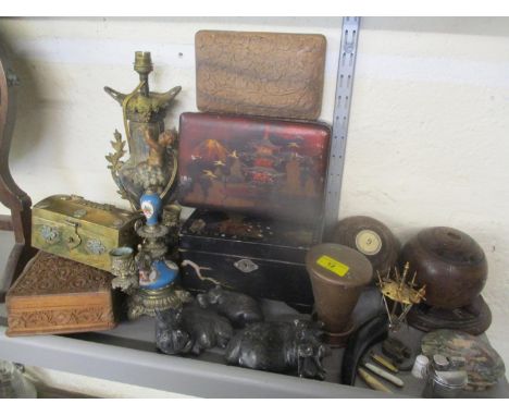 A French ormolu candlestick, Japanese lacquered and Indian boxes, vintage bowls and other items 