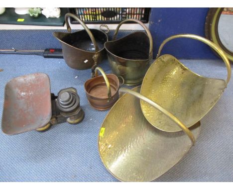 Brass coal trugs and buckets, a Thexor set of kitchen scales with weights 