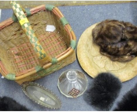 A vintage fur deerstalker hat A/F, mixed fur items and a basket, together with a treen carved dish, a vintage fire extinguish